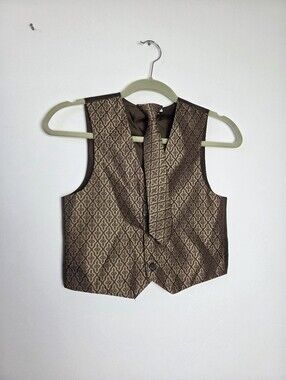 Boys Size 7 Vest And Tie Set Gold Brown Church Formal Wedding Event Preppy